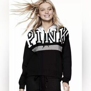 Victoria's Secret Pink Pullover Fleece Hoodie Black Logo Sweatshirt X-Small